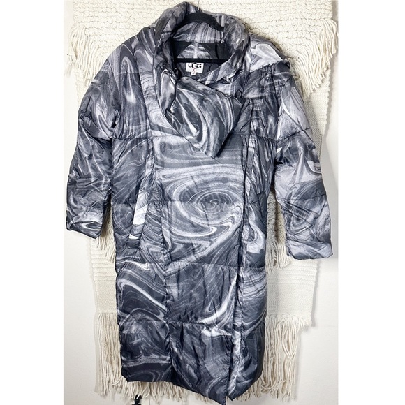 UGG black marble Catherina waterproof longline puffer coat XS